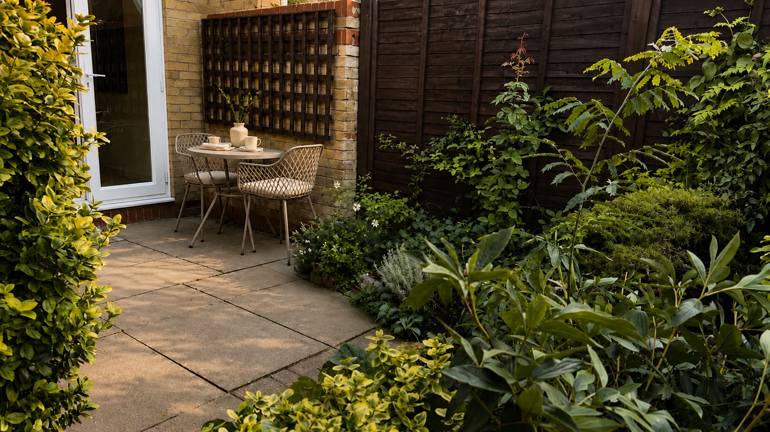 Paved patio with a bistro table and chairs surrounded by planting at The Garden House